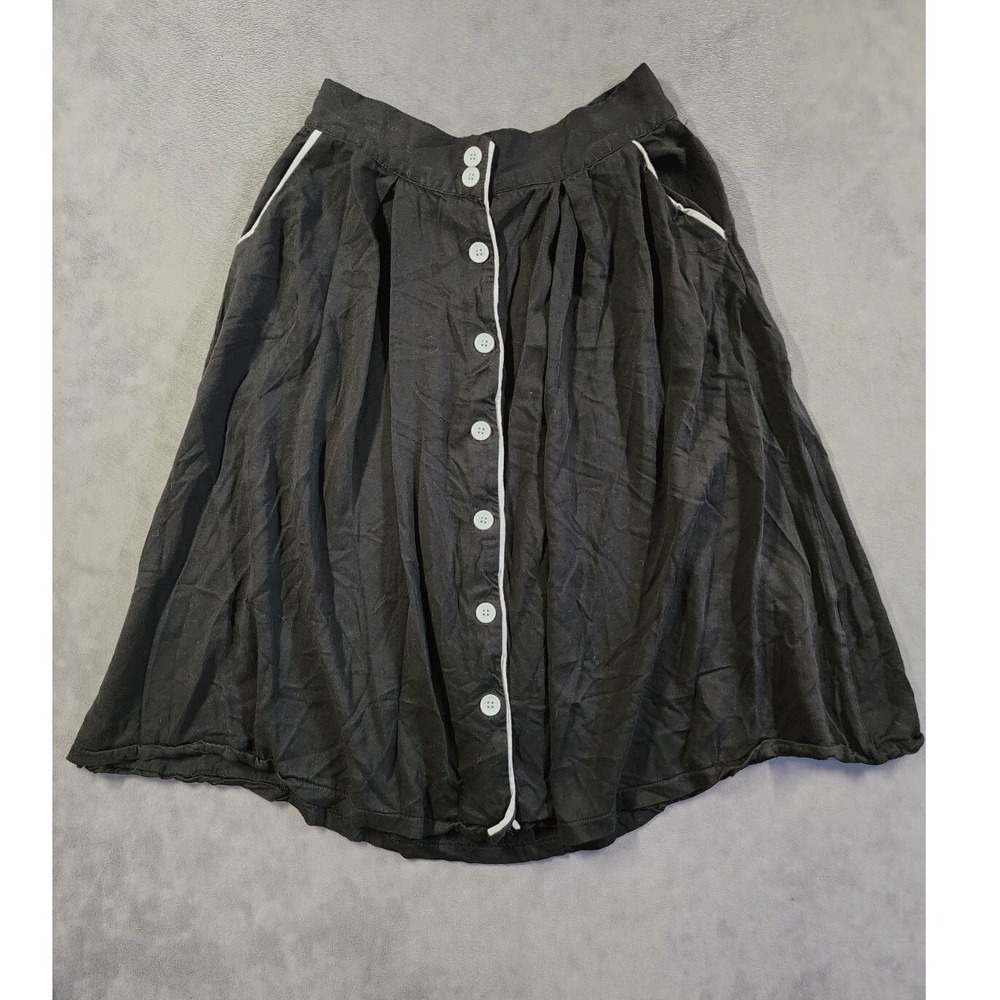 ModCloth Skirt Women Large Black Button Front Contrast Piping Rayon A-Line